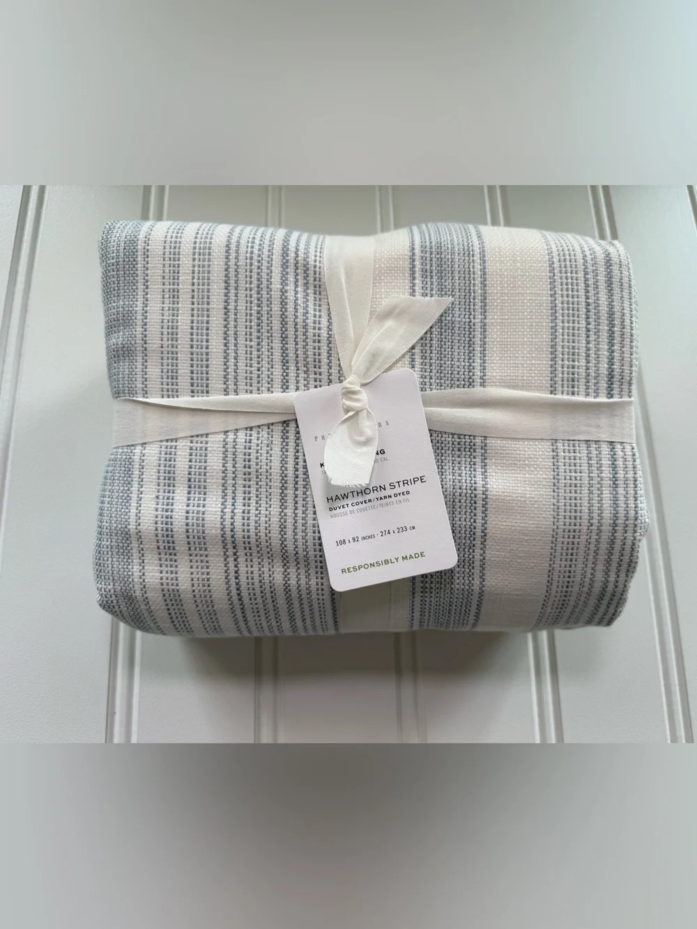 POTTERY BARN HAWTHORN STRIPE COTTON KING DUVET COVER Blue NEW 3101